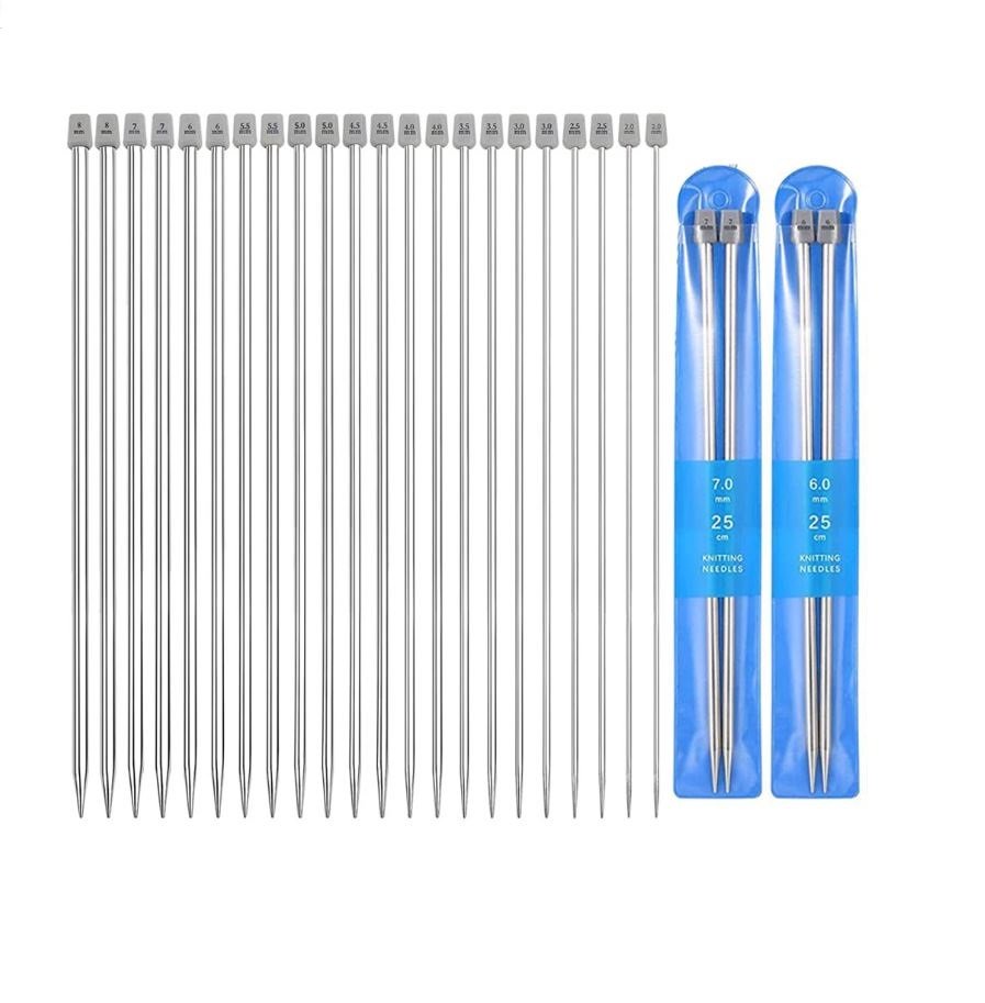 SINGLE POINTED KNITTING NEEDLE SET – 14” LONG - METAL - INCLUDES 11 PAIRS —   - Yarns, Patterns and Accessories